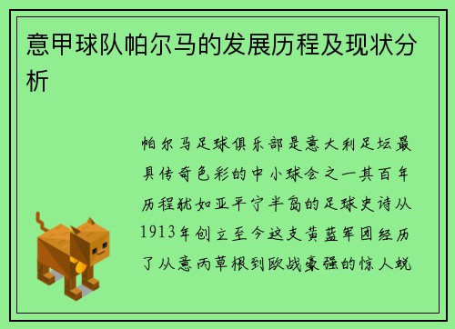 意甲球队帕尔马的发展历程及现状分析