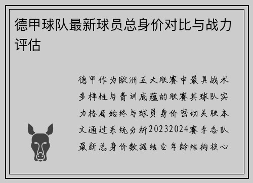 德甲球队最新球员总身价对比与战力评估