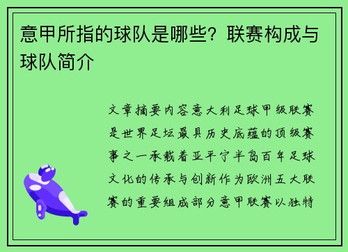 意甲所指的球队是哪些？联赛构成与球队简介