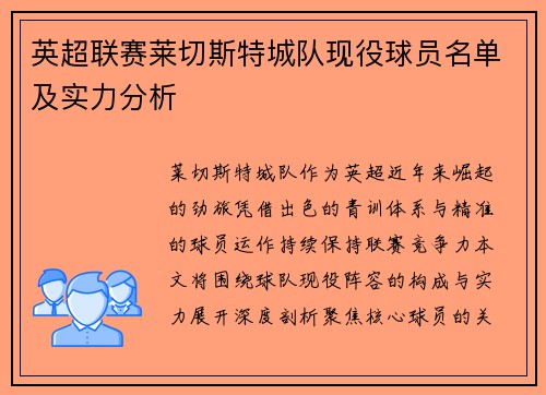 英超联赛莱切斯特城队现役球员名单及实力分析